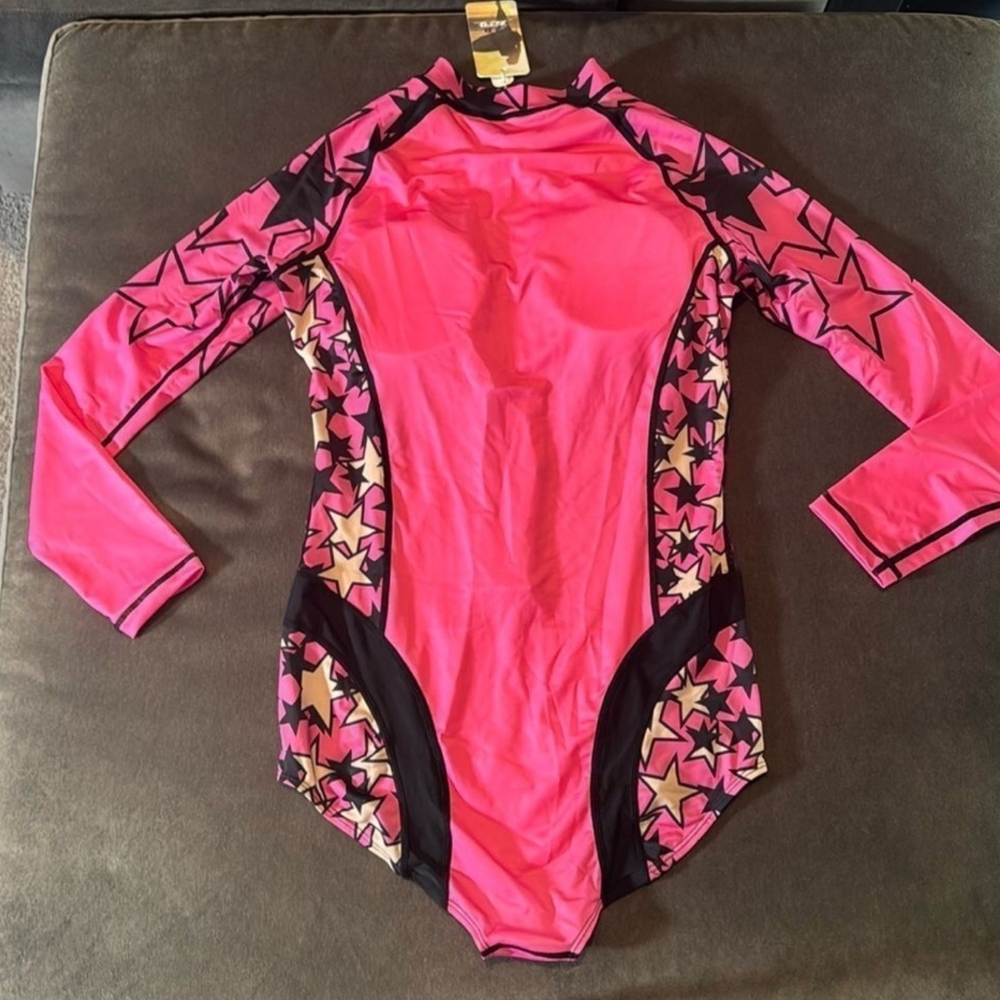 Women’s Pink with Stars Design Long Sleeve Swimsuit Rashguard Size XL NWT